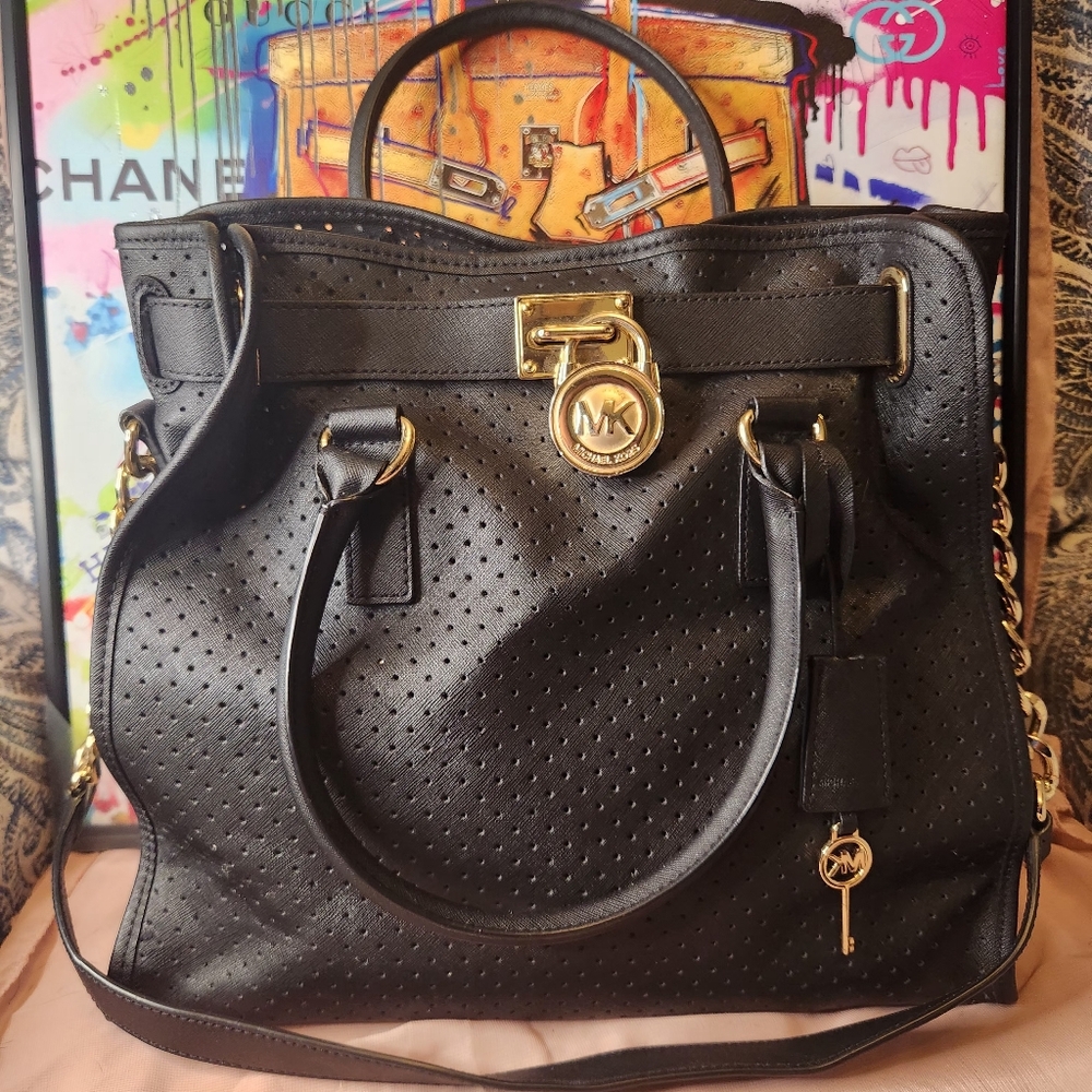 Michael Kors Black perforated Bag With Lock And Key And Gold Hardware EUC